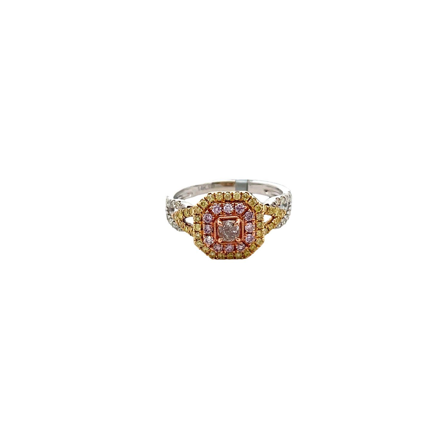 14KT TRI COLOR GOLD PINK DIAMOND CUSHION, PINK/YELLOW/WHITE ROUND BRILLIANT CUT DIAMOND RING