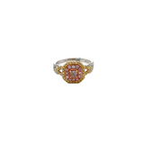 14KT TRI COLOR GOLD PINK DIAMOND CUSHION, PINK/YELLOW/WHITE ROUND BRILLIANT CUT DIAMOND RING