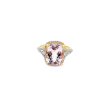 14KT YELLOW GOLD CUSHION CUT KUNZITE, YELLOW & WHITE DIAMOND RING