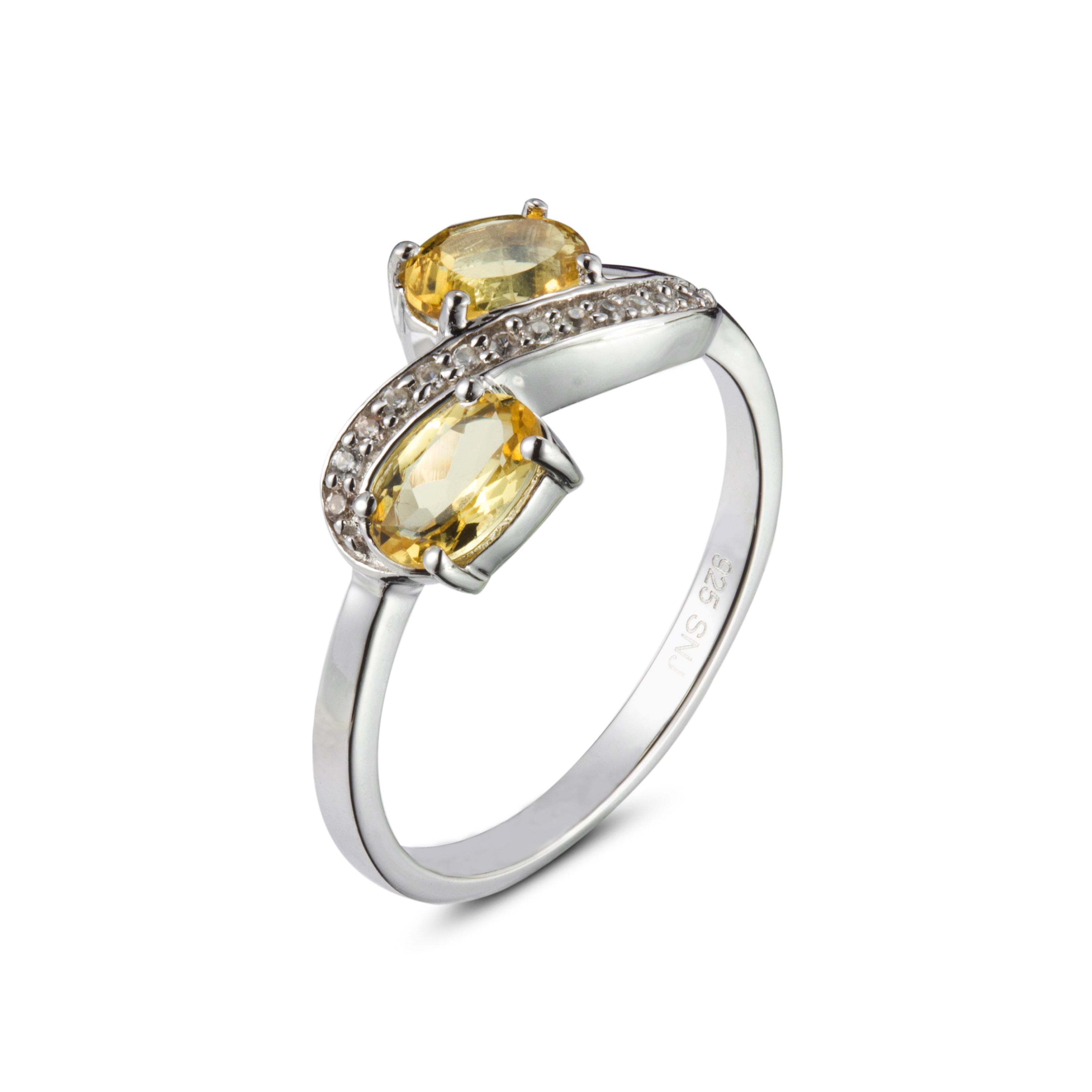 Genuine Citrine And White Zircon Sterling Silver 2 Stone Ring