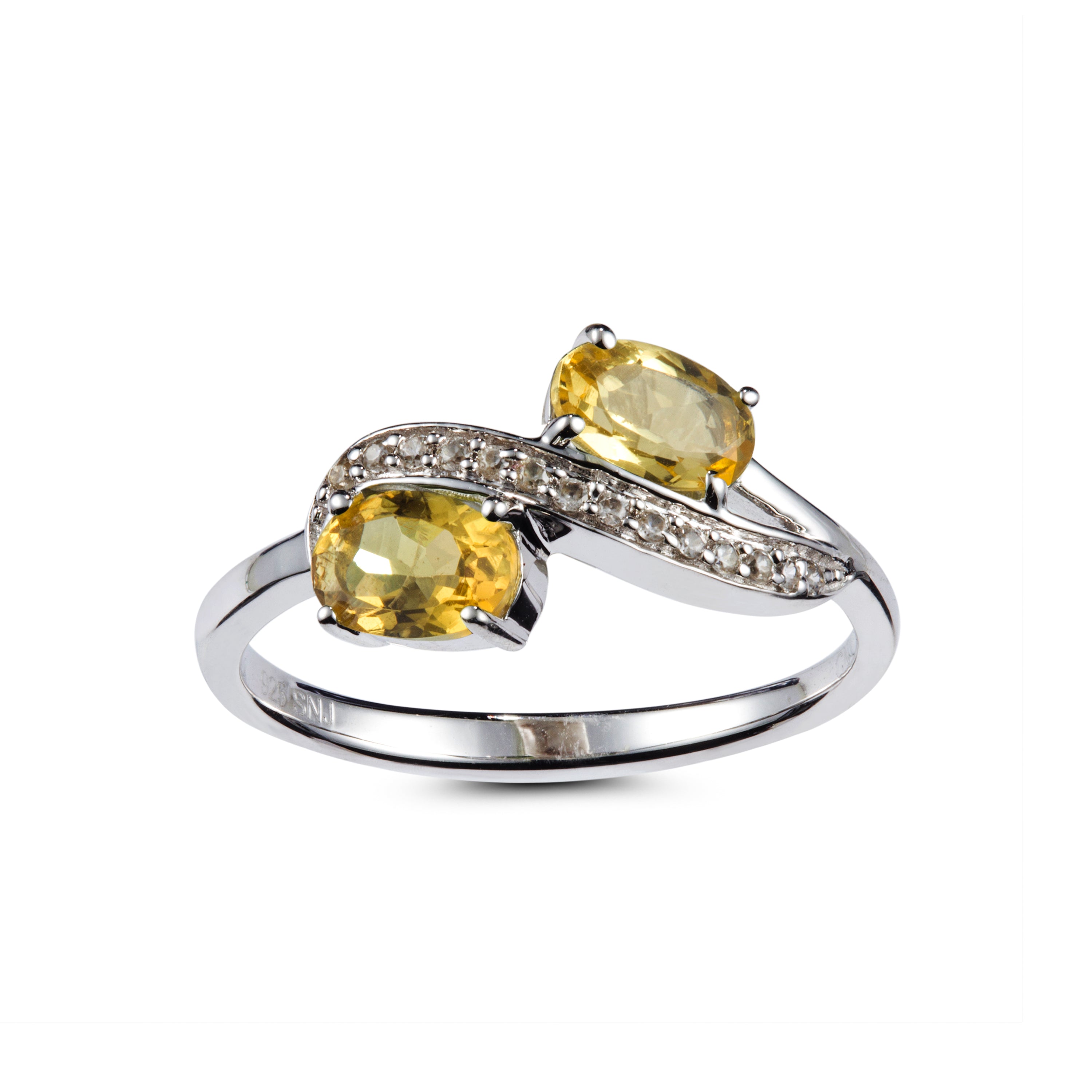 Genuine Citrine And White Zircon Sterling Silver 2 Stone Ring