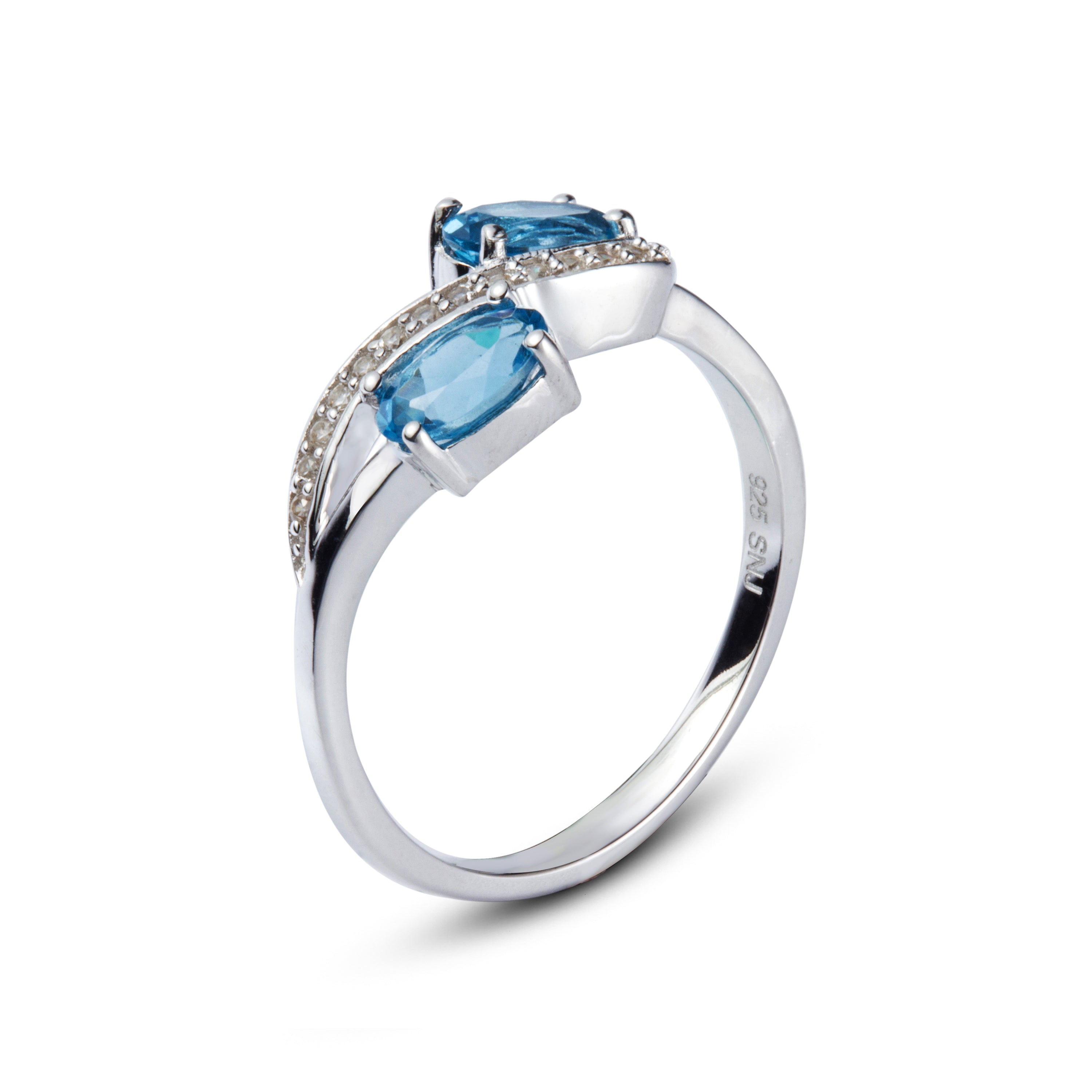 Genuine Blue Topaz And White Zircon Sterling Silver 2 Stone Ring