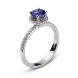 Genuine Tanzanite And White Zircon Sterling Silver Halo Ring